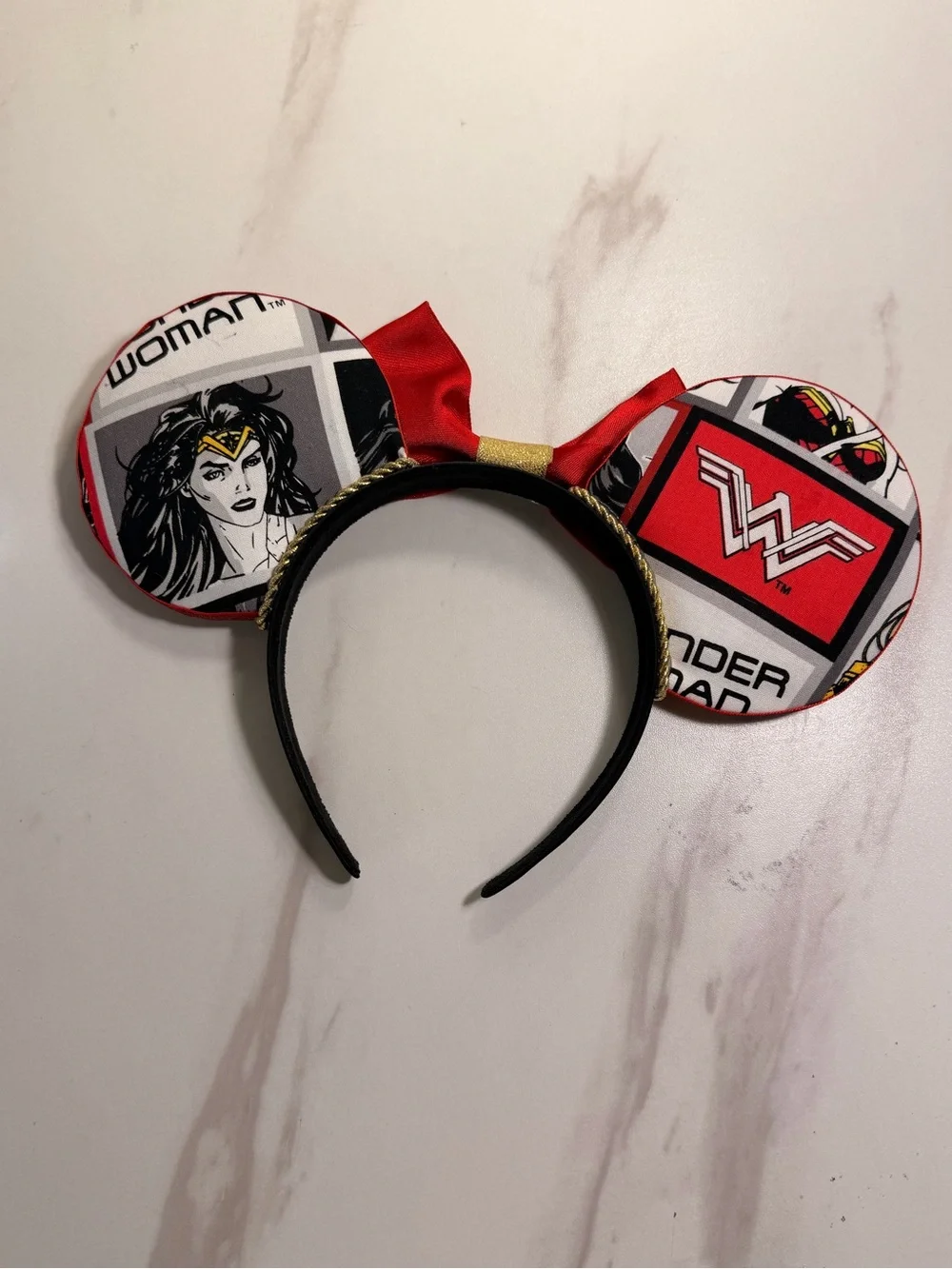 Wonder Woman x Mickey Kids Costume Ear Headband with Red & Gold Bow